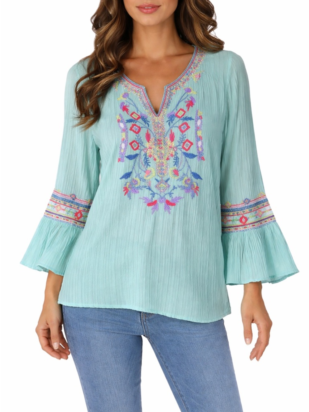 Calessa Tunic Top Women's Embroidered V-Neck Aqua Stretchy Ruffle Bell Sleeve